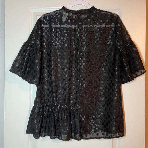 H&M | Black Shimmer Dot Sheer Ruffle Mock Neck Short Sleeve Blouse Size 14 - Picture 3 of 5